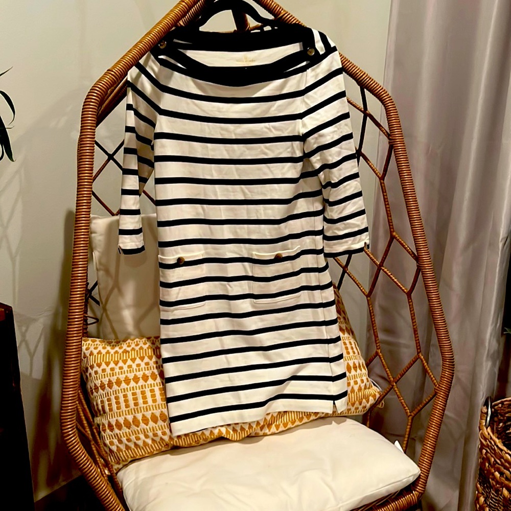 Kate Spade NY Havana White Black Striped 3/4 Sleeve Boat Neck Dress Size S